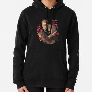 Grey fox with red flowers Pullover Hoodie