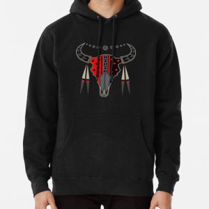 Buffalo Skull and Feathers (Red) Pullover Hoodie