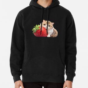 Cute Cat Hugging Strawberries Pullover Hoodie
