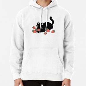 Black Cat Strawberries Pullover Hoodie