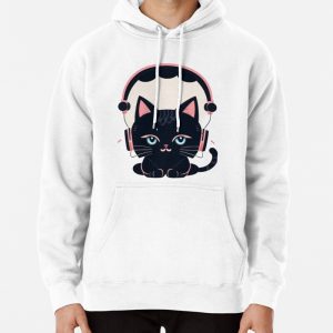 Cute cat with headphones Pullover Hoodie