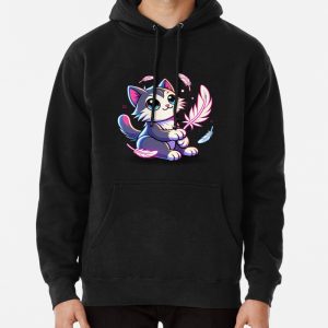 Playful Cat with Feather Pullover Hoodie