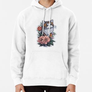 Whiskers and Blooms Cute Cat Floral Charm Pullover Hoodie