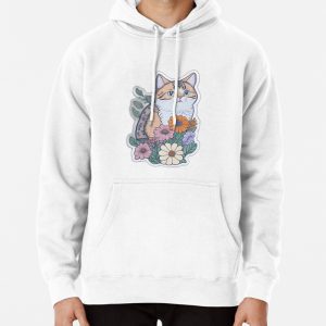 Whiskers and Blooms Cute Cat Floral Charm Pullover Hoodie