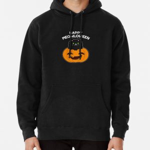 Happy Meowloween Funny Halloween Black Cat Puns (Dark BG) Pullover Hoodie