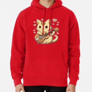 Kawaii Cat Playing A Guitar With Hearts Pullover Hoodie