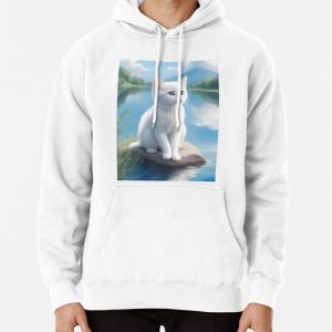 White Kitten by the River Pullover Hoodie