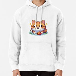 Orange cat with fish pixelart Pullover Hoodie