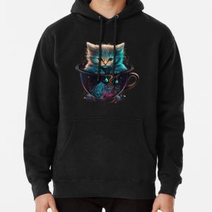 Cute Cat chilling out in a Tea Cup with Vivid Colors Pullover Hoodie