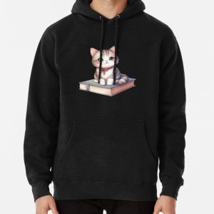 Cute cat sitting on book Pullover Hoodie