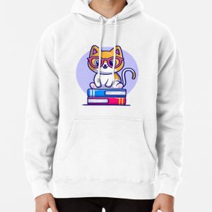 Cute cat sitting on book stack cartoon Pullover Hoodie